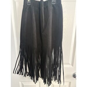 Noless Black Suede Fringe Midi Skirt Boho Festival Casual Elastic Waist Size M